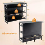 Mesa de bar tipo isla de cocina industrial – 4 niveles de almacenamiento, estante para bebidas, soportes para copas, reposapiés, negra