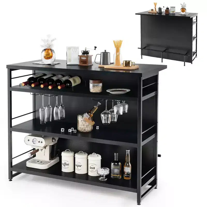 Costway Industrial Kitchen Island Bar Table 4-Tier Storage Shelf Drinks Rack Glass Holders Black/Rustic Brown