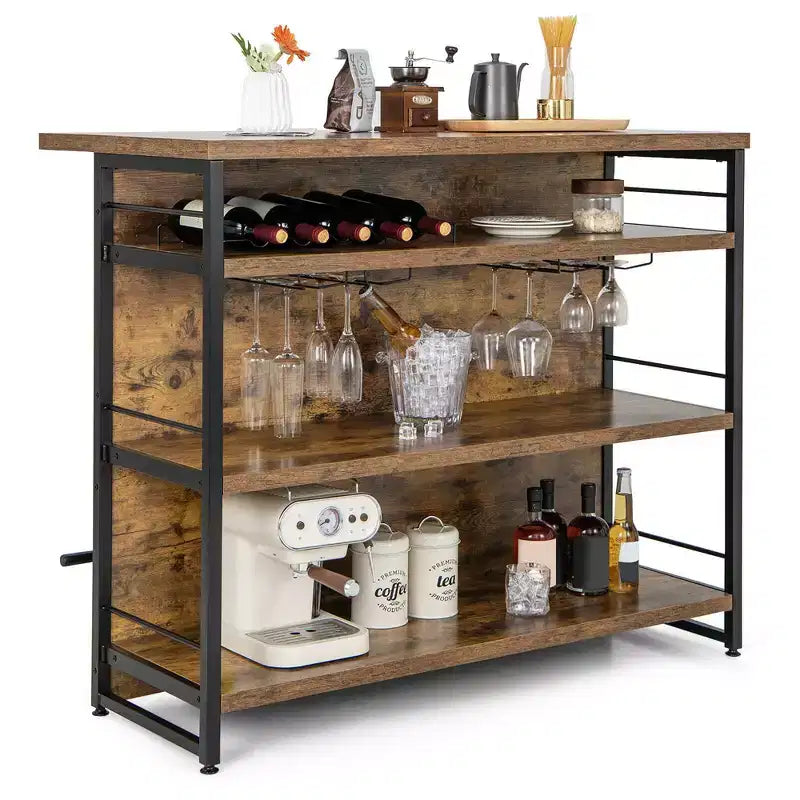 Mesa de bar tipo isla de cocina industrial – 4 niveles de almacenamiento, estante para bebidas, soportes para copas, reposapiés, negra