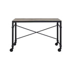 Escritorio con ruedas y detalles de tachuelas, tablero con vetas de madera, patas de metal, estilo industrial, negro