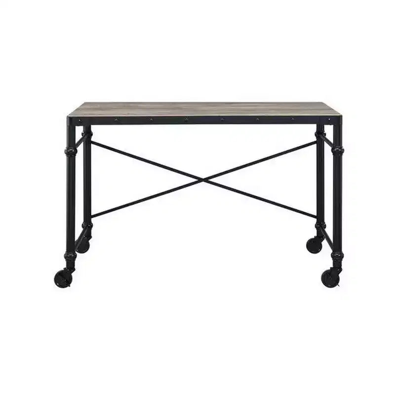 Escritorio con ruedas y detalles de tachuelas, tablero con vetas de madera, patas de metal, estilo industrial, negro