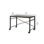 Escritorio con ruedas y detalles de tachuelas, tablero con vetas de madera, patas de metal, estilo industrial, negro