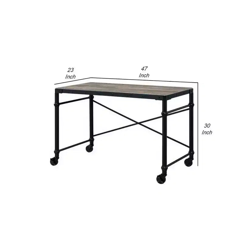 Escritorio con ruedas y detalles de tachuelas, tablero con vetas de madera, patas de metal, estilo industrial, negro