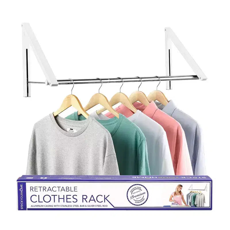 Wall-Mounted Retractable Double Foldable Clothing Rack w/ Extension Rod (White)