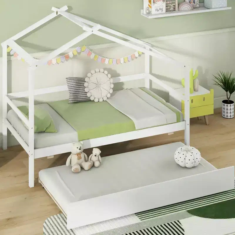 Cama Nido Doble con Dosel, Techo y Barandillas de Valla, Estructura de Cama de Plataforma de Madera Maciza, Blanco/Gris