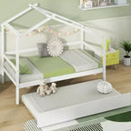 Cama Nido Doble con Dosel, Techo y Barandillas de Valla, Estructura de Cama de Plataforma de Madera Maciza, Blanco/Gris