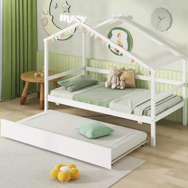 Cama Nido Doble con Dosel, Techo y Barandillas de Valla, Estructura de Cama de Plataforma de Madera Maciza, Blanco/Gris