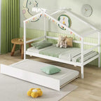 Cama Nido Doble con Dosel, Techo y Barandillas de Valla, Estructura de Cama de Plataforma de Madera Maciza, Blanco/Gris