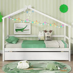 Cama Nido Doble con Dosel, Techo y Barandillas de Valla, Estructura de Cama de Plataforma de Madera Maciza, Blanco/Gris