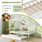 Cama Nido Doble con Dosel, Techo y Barandillas de Valla, Estructura de Cama de Plataforma de Madera Maciza, Blanco/Gris