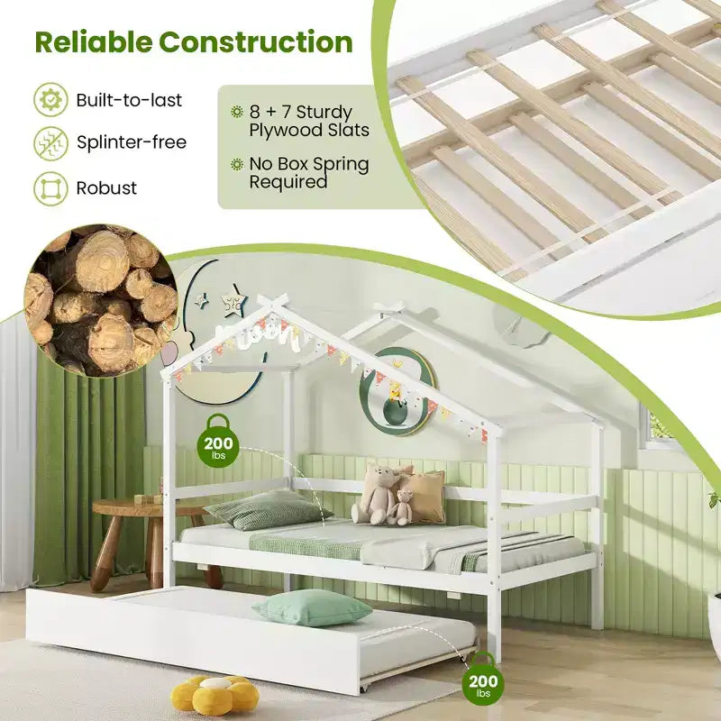 Cama Nido Doble con Dosel, Techo y Barandillas de Valla, Estructura de Cama de Plataforma de Madera Maciza, Blanco/Gris