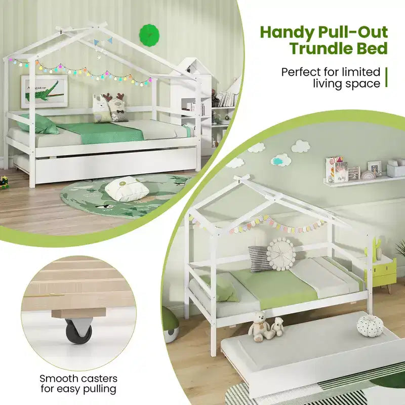 Cama Nido Doble con Dosel, Techo y Barandillas de Valla, Estructura de Cama de Plataforma de Madera Maciza, Blanco/Gris
