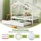 Cama Nido Doble con Dosel, Techo y Barandillas de Valla, Estructura de Cama de Plataforma de Madera Maciza, Blanco/Gris