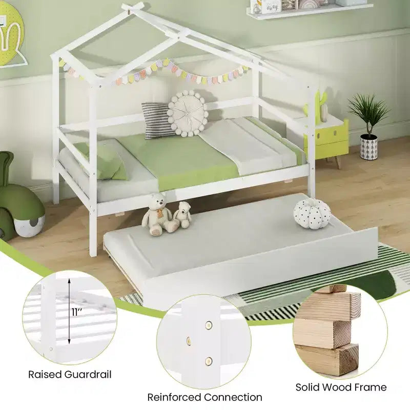 Cama Nido Doble con Dosel, Techo y Barandillas de Valla, Estructura de Cama de Plataforma de Madera Maciza, Blanco/Gris