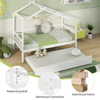 Cama Nido Doble con Dosel, Techo y Barandillas de Valla, Estructura de Cama de Plataforma de Madera Maciza, Blanco/Gris