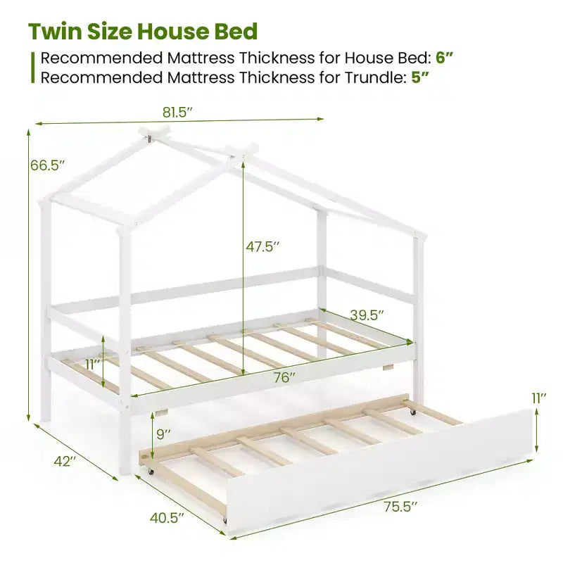 Cama Nido Doble con Dosel, Techo y Barandillas de Valla, Estructura de Cama de Plataforma de Madera Maciza, Blanco/Gris