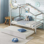 Cama Nido Doble con Dosel, Techo y Barandillas de Valla, Estructura de Cama de Plataforma de Madera Maciza, Blanco/Gris