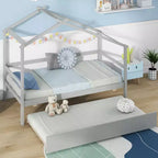 Cama Nido Doble con Dosel, Techo y Barandillas de Valla, Estructura de Cama de Plataforma de Madera Maciza, Blanco/Gris