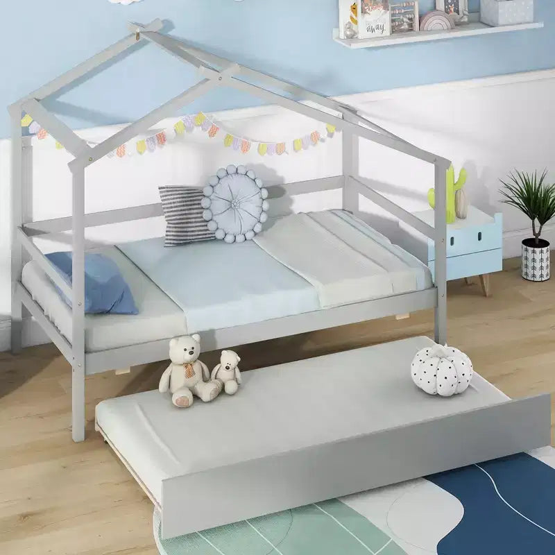 Cama Nido Doble con Dosel, Techo y Barandillas de Valla, Estructura de Cama de Plataforma de Madera Maciza, Blanco/Gris
