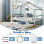 Cama Nido Doble con Dosel, Techo y Barandillas de Valla, Estructura de Cama de Plataforma de Madera Maciza, Blanco/Gris