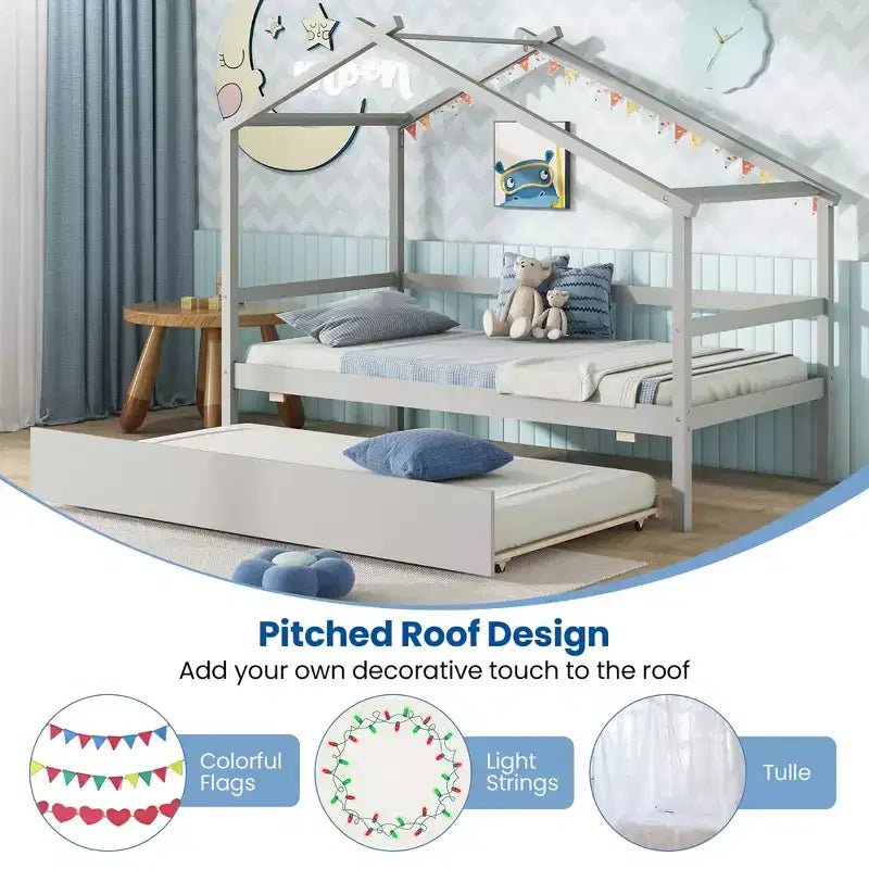 Cama Nido Doble con Dosel, Techo y Barandillas de Valla, Estructura de Cama de Plataforma de Madera Maciza, Blanco/Gris