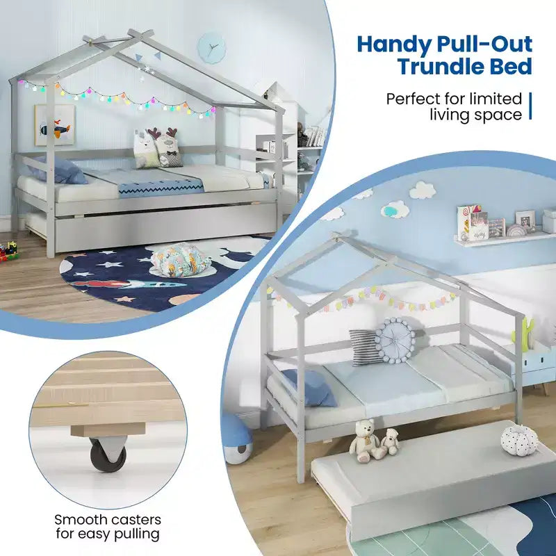Cama Nido Doble con Dosel, Techo y Barandillas de Valla, Estructura de Cama de Plataforma de Madera Maciza, Blanco/Gris