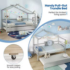 Cama Nido Doble con Dosel, Techo y Barandillas de Valla, Estructura de Cama de Plataforma de Madera Maciza, Blanco/Gris