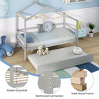 Cama Nido Doble con Dosel, Techo y Barandillas de Valla, Estructura de Cama de Plataforma de Madera Maciza, Blanco/Gris