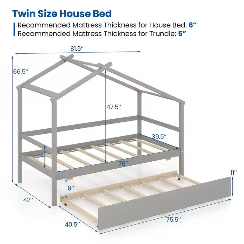 Cama Nido Doble con Dosel, Techo y Barandillas de Valla, Estructura de Cama de Plataforma de Madera Maciza, Blanco/Gris