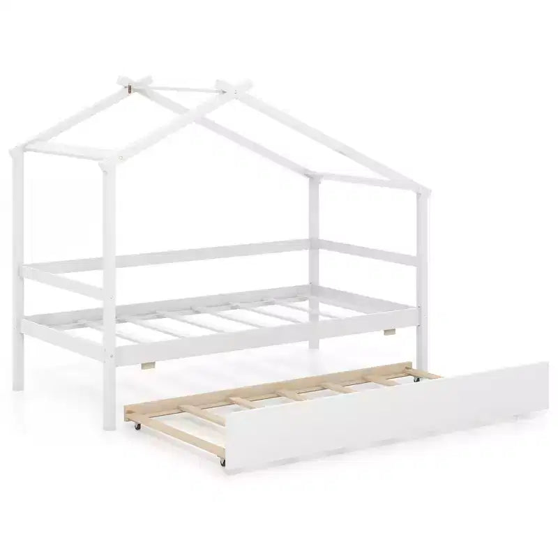 Cama Nido Doble con Dosel, Techo y Barandillas de Valla, Estructura de Cama de Plataforma de Madera Maciza, Blanco/Gris