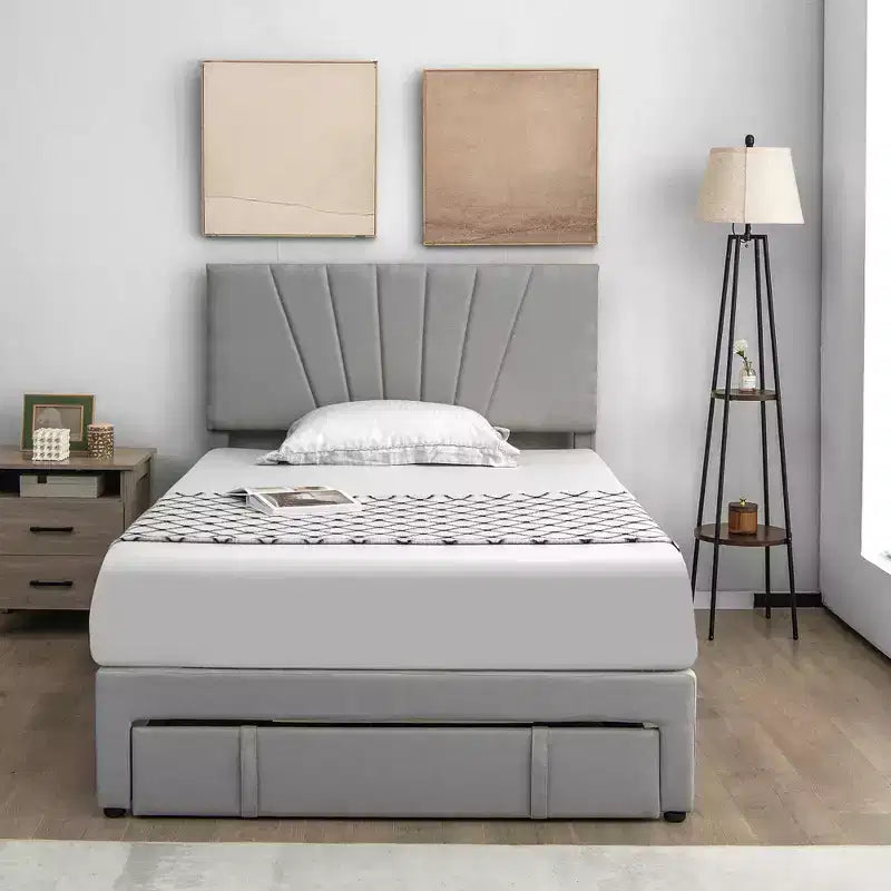 Base de cama de plataforma tapizada tamaño Full/Queen con cajón y cabecero ajustable, gris, no necesita somier