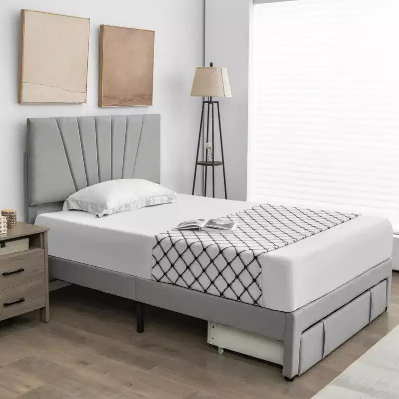 Base de cama de plataforma tapizada tamaño Full/Queen con cajón y cabecero ajustable, gris, no necesita somier