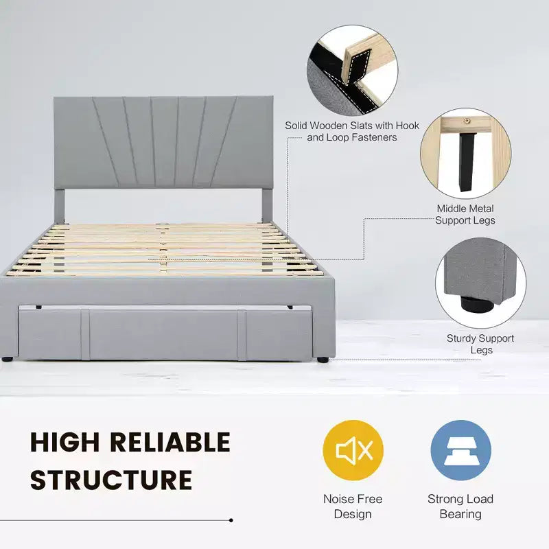 Base de cama de plataforma tapizada tamaño Full/Queen con cajón y cabecero ajustable, gris, no necesita somier