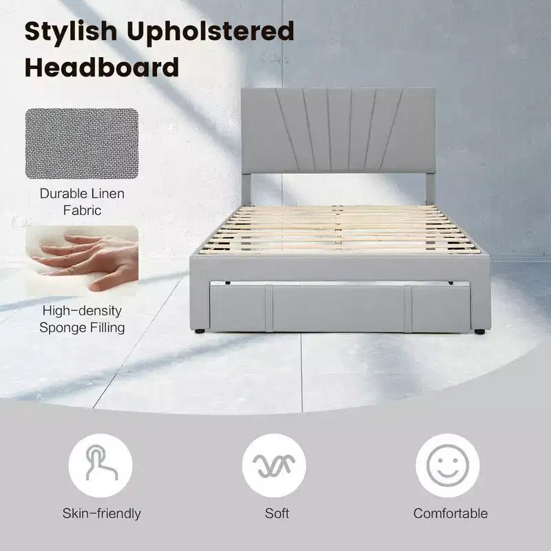 Base de cama de plataforma tapizada tamaño Full/Queen con cajón y cabecero ajustable, gris, no necesita somier