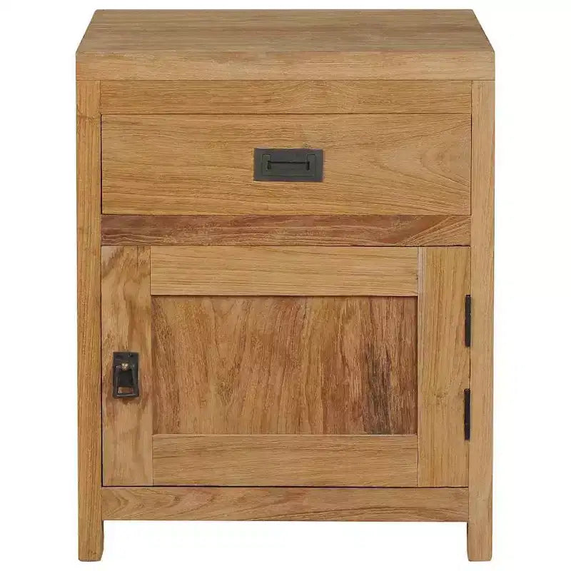 Mesita de Noche de Teca Maciza, 1 Cajón y Armario, Estilo Colonial, Marrón, 40x30x50 cm