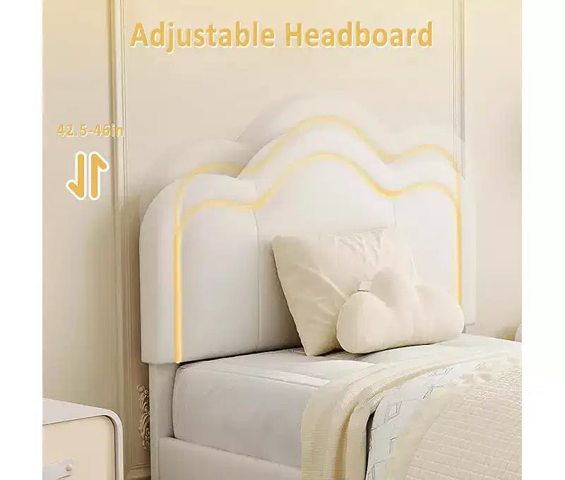 Estructura de Cama Doble Tapizada con Cabecero Ajustable, Estructura de Cama Tipo Plataforma de Terciopelo para Niños/Niñas, Soporte de Láminas de Madera, Fácil Montaje