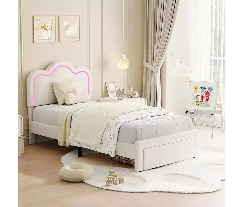 Estructura de Cama Doble Tapizada con Cabecero Ajustable, Estructura de Cama Tipo Plataforma de Terciopelo para Niños/Niñas, Soporte de Láminas de Madera, Fácil Montaje