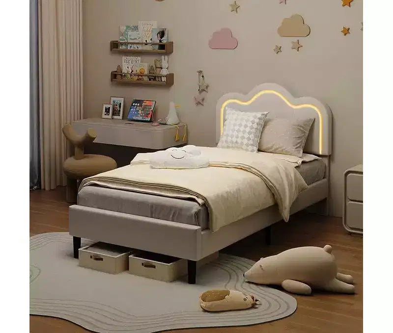 Estructura de Cama Doble Tapizada con Cabecero Ajustable, Estructura de Cama Tipo Plataforma de Terciopelo para Niños/Niñas, Soporte de Láminas de Madera, Fácil Montaje