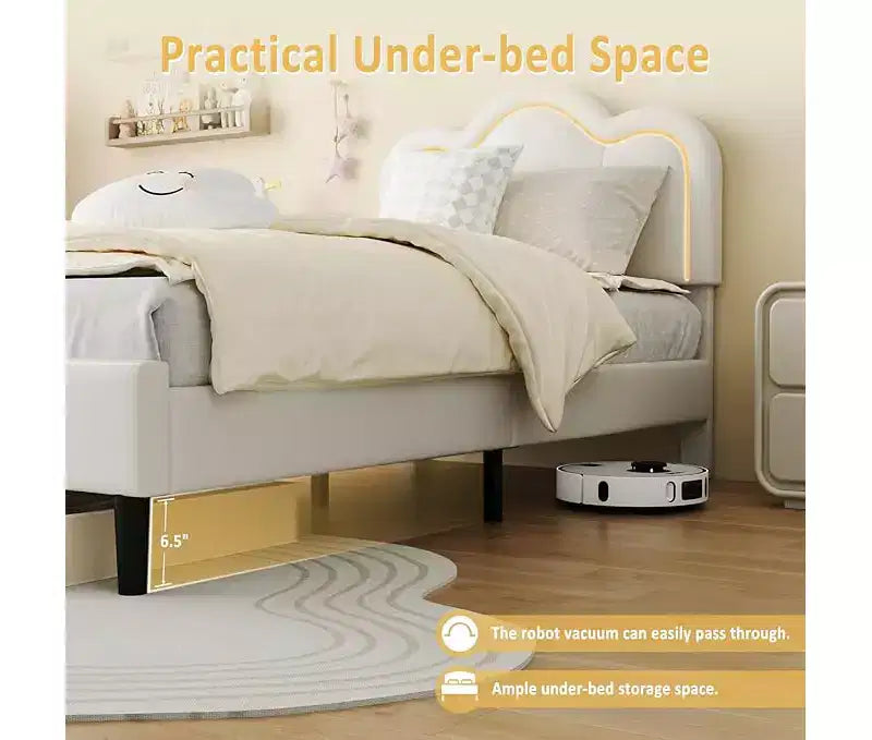 Estructura de Cama Doble Tapizada con Cabecero Ajustable, Estructura de Cama Tipo Plataforma de Terciopelo para Niños/Niñas, Soporte de Láminas de Madera, Fácil Montaje