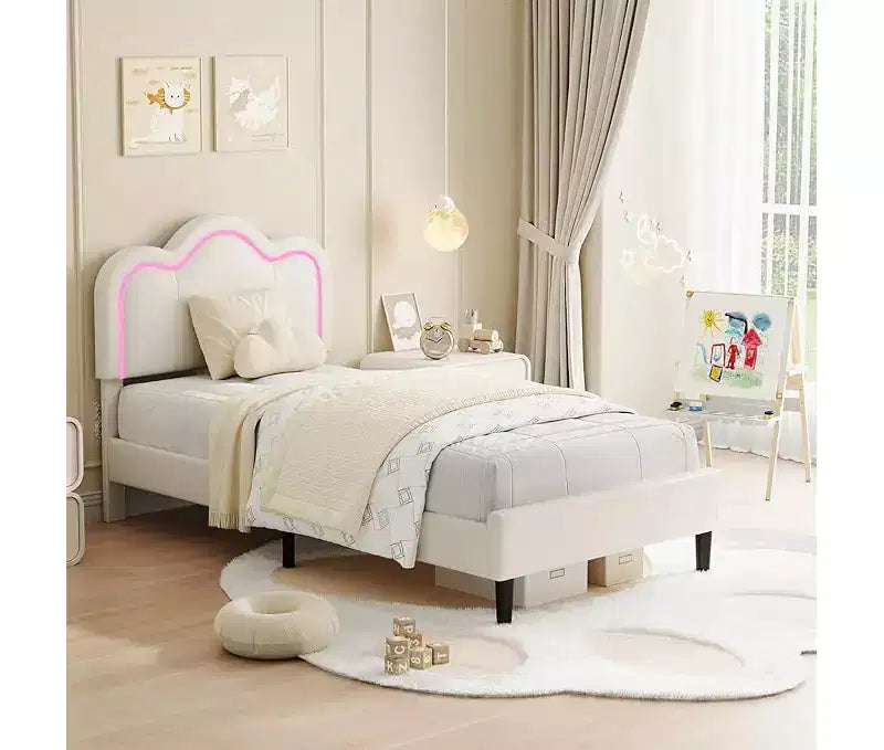 Twin Upholstered Bed Frame With Adjustable Headboard, Velvet Princess Platform Bed Frame for Kids/Girls, Wooden Slats SupportEasy Assembly
