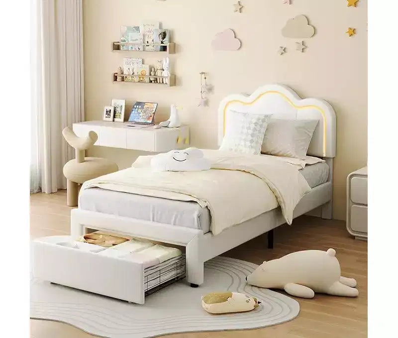 Estructura de Cama Doble Tapizada con Cabecero Ajustable, Estructura de Cama Tipo Plataforma de Terciopelo para Niños/Niñas, Soporte de Láminas de Madera, Fácil Montaje