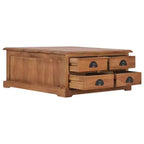Mesa de centro de teca maciza con 4 cajones, estilo colonial, 68x67.8x30 cm, marrón