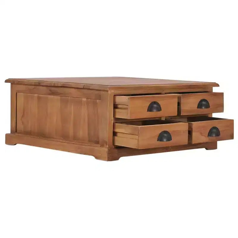 Mesa de centro de teca maciza con 4 cajones, estilo colonial, 68x67.8x30 cm, marrón