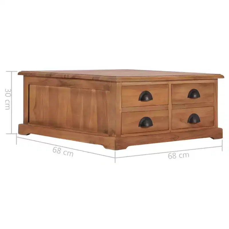 Mesa de centro de teca maciza con 4 cajones, estilo colonial, 68x67.8x30 cm, marrón