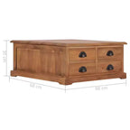 Mesa de centro de teca maciza con 4 cajones, estilo colonial, 68x67.8x30 cm, marrón