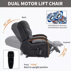 Sillón reclinable eléctrico de chenilla gris con masaje térmico y reposabrazos de madera maciza para sala de estar o apartamento
