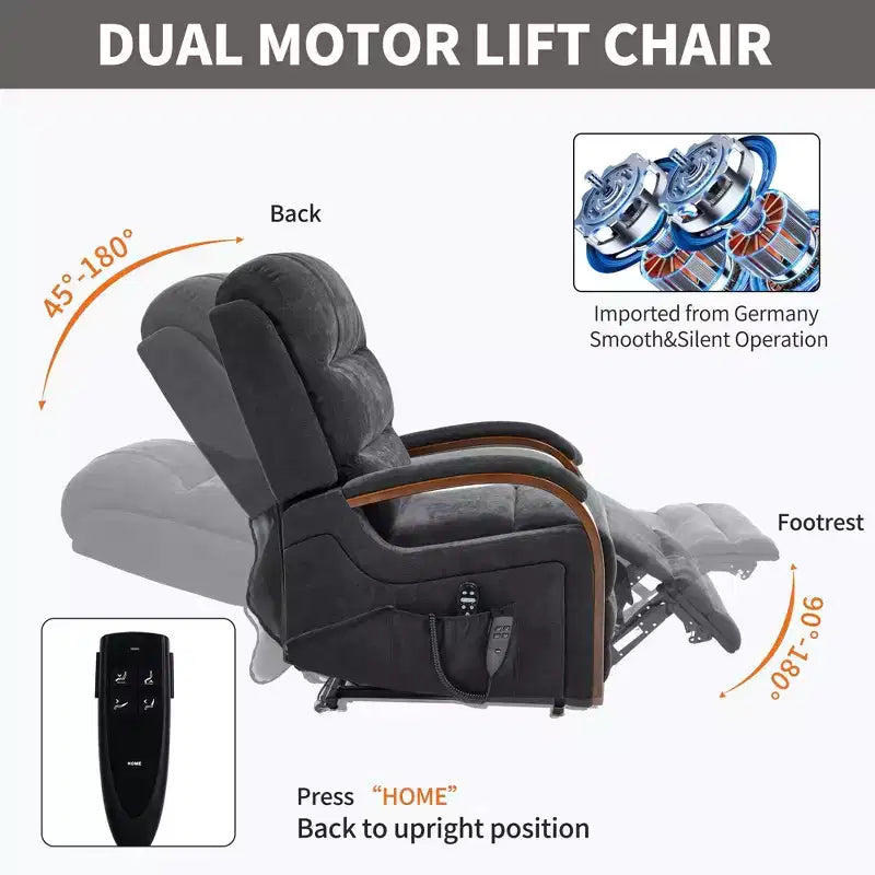 Sillón reclinable eléctrico de chenilla gris con masaje térmico y reposabrazos de madera maciza para sala de estar o apartamento