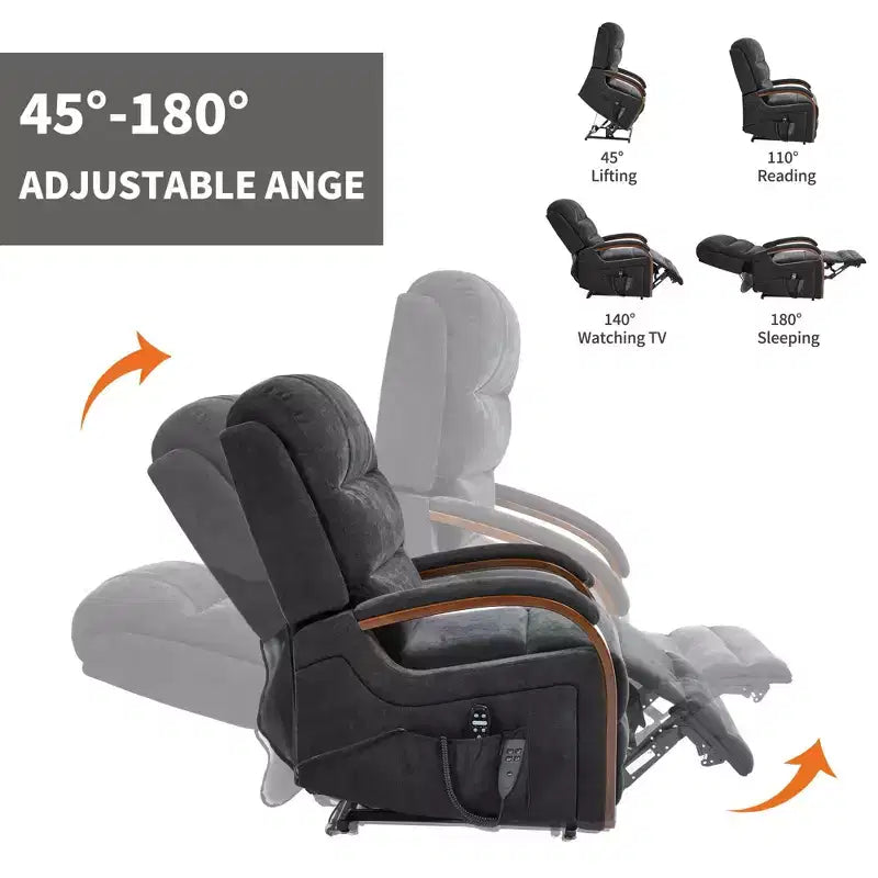 Sillón reclinable eléctrico de chenilla gris con masaje térmico y reposabrazos de madera maciza para sala de estar o apartamento