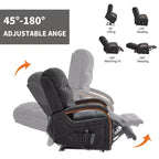 Sillón reclinable eléctrico de chenilla gris con masaje térmico y reposabrazos de madera maciza para sala de estar o apartamento