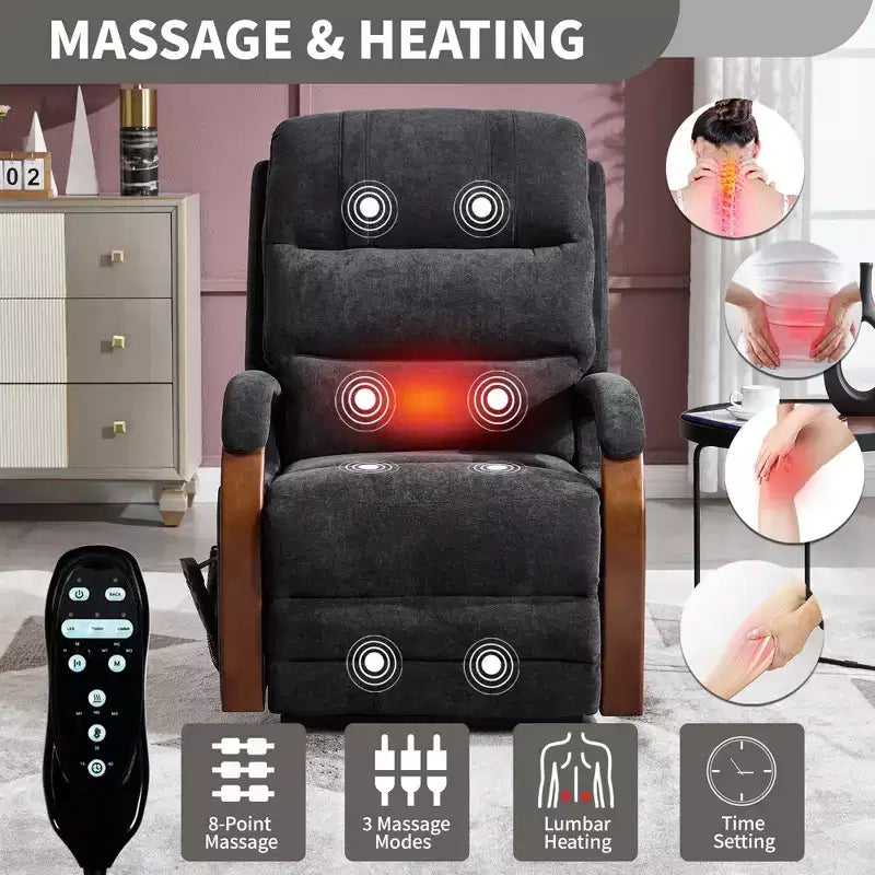 Sillón reclinable eléctrico de chenilla gris con masaje térmico y reposabrazos de madera maciza para sala de estar o apartamento